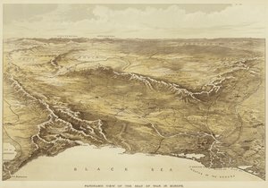 Vista panorámica de la sede de la guerra en Europa (litografía en color)