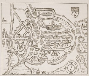 Vista panorámica de Canterbury en el siglo XVI, ilustración de The Church of England: A History for the People por H.D.M. Spence-Jones de English School