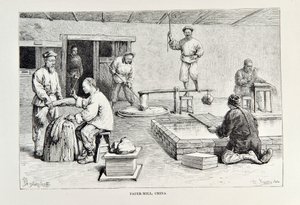 Fábrica de papel, China, ilustración de The Universal Geography, the Earth and its inhabitants por Elisee Reclus, publicado 1878 de English School