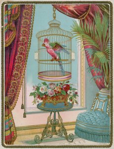 Loro en jaula en un interior victoriano opulento de English School