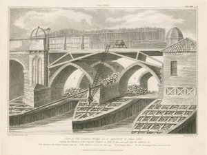 Parte del antiguo Puente de Londres como aparecía en junio de 1826 de English School