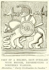 Parte de un casco de hierro recubierto de bronce que representa a un guerrero del Norte (grabado)