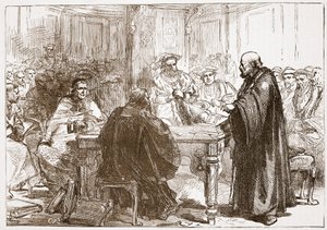 Pastor Olaf en la Conferencia de Upsala, ilustración de La Historia del Protestantismo de James Aitken Wylie, pub. 1878 de English School