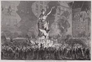 Celebraciones de la paz ante la estatua de Germania en la plaza del mercado de Leipzig, Alemania, la noche del 5 de marzo de 1870 de English School