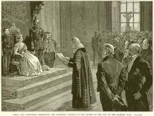 Pares y Comunes presentando la dirección patriótica a la Reina en la víspera de la Guerra de Crimea de English School