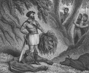 Pipino el Breve, Rey de los Francos, demostrando que su estatura no es un impedimento para gobernar matando a un león de English School