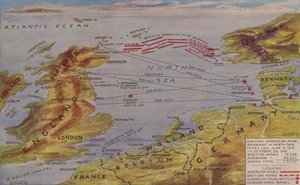 Mapa en perspectiva que muestra la ubicación del dique de contención de minas del Mar del Norte, el escenario de las principales acciones navales y las bases navales alemanas (litografía en color).