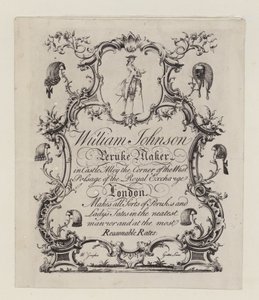 Fabricante de pelucas, William Johnson, tarjeta comercial de English School