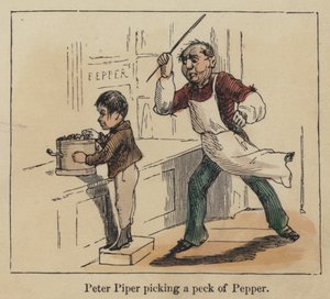 Peter Piper recogiendo un peck de Pimienta (grabado coloreado)