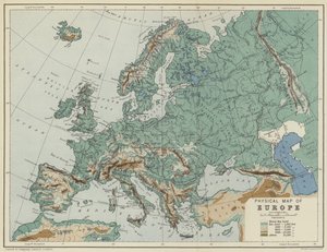 Mapa físico de Europa (litografía en color)