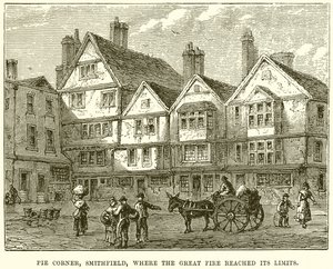 Pie Corner, Smithfield, donde el Gran Incendio alcanzó sus límites de English School