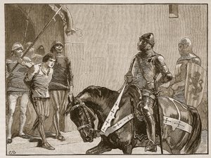 Piers Gaveston ante el Conde de Warwick, ilustración de Cassells Illustrated History of England de English School
