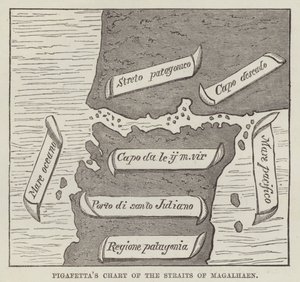Carta de Pigafetta del Estrecho de Magallanes (grabado)