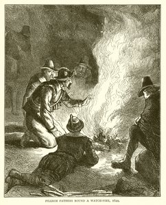 Padres peregrinos alrededor de una hoguera, 1620 de English School