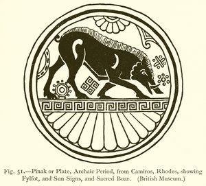 Pinak o plato, período arcaico, de Camiros, Rodas, mostrando fylfot, signos solares y jabalí sagrado