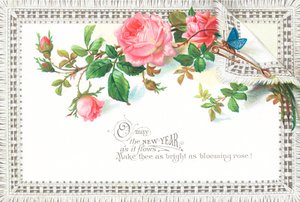 Rosas rosadas y mariposa azul, tarjeta de Año Nuevo