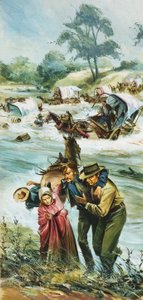 Pioneros cruzando el indomable río Arkansas a principios de la década de 1880 (gouache sobre papel)