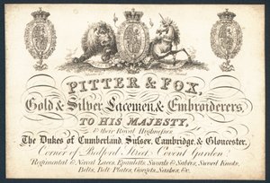 Pitter & Fox, encajeros y bordadores de oro y plata, tarjeta comercial de English School
