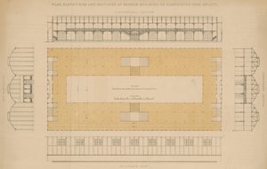Plano, elevaciones y secciones del edificio del museo en la finca Kensington Gore de English School