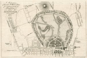 Plan de mejoras en Marylebone, Londres, ahora llamado Regents Park, hecho en el año 1809 de English School