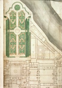 Plano de Hampton Court y sus jardines, c.1714