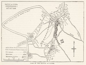 Plano de la Batalla de Dubba (Hyderabad) 24 de marzo de 1843, ilustración de la Historia Ilustrada de Inglaterra de Cassell de English School
