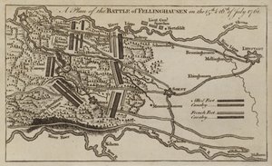 Plano de la Batalla de Villinghausen, Alemania, Guerra de los Siete Años, 15-16 de julio de 1761 de English School