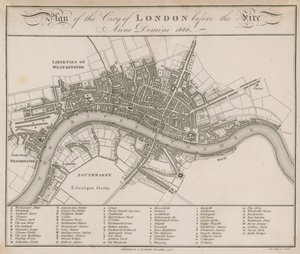 Plano de la Ciudad de Londres antes del incendio de 1666 de English School