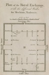 Plano del Royal Exchange con los diferentes paseos para comerciantes, comerciantes, etc.