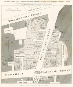 Plano del incendio en Bishopsgate Street, Cornhill y Leadenhall Street, Londres, que comenzó el 7 de noviembre de 1765