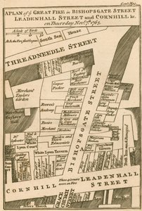 Plano del incendio en Bishopsgate Street, Cornhill y Leadenhall Street, Londres, que comenzó el 7 de noviembre de 1765 de English School
