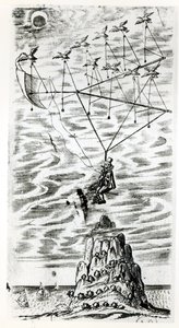 Avión, ilustración del frontispicio de El hombre en la luna o un discurso de un viaje allí por Domingo Gonsales, el Mensajero rápido por Francis Godwin (1562-1633), publicado póstumamente de English School