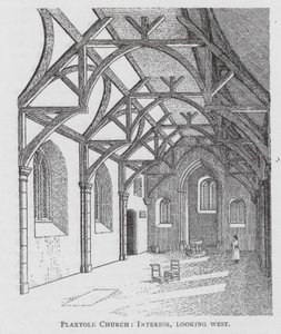 Iglesia de Plaxtole, interior, mirando al oeste (litografía) de English School
