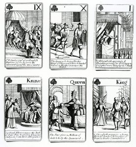 Cartas de juego que representan los eventos de la Armada Española, 1699 de English School