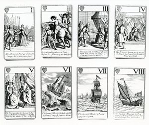 Cartas de juego que representan los eventos de la Armada Española, 1699 de English School