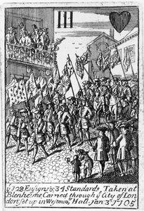 Carta de juego que representa los Estandartes y Estandartes Tomados en Blenheim, siendo llevados por la Ciudad de Londres, 3 de enero de 1705 de English School