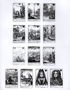 Cartas de juego que conmemoran la Guerra de Sucesión Española, palo de corazones, c.1707 de English School