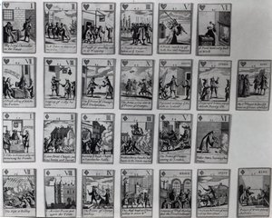 Cartas de juego que representan episodios de la Revolución Gloriosa de 1688-89, c.1689 de English School