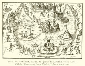 Estanque en Elvetham, Hants, en la visita de la Reina Isabel, 1591 de English School