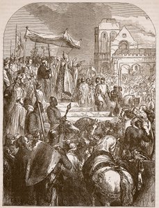 El Papa Urbano II predicando la Primera Cruzada en el mercado de Clermont, 1096, ilustración de Cassells Illustrated History of England de English School