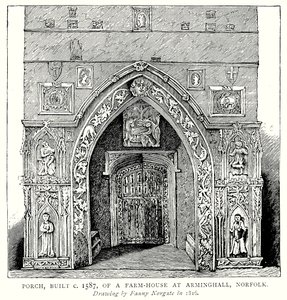 Porche, construido hacia 1587, de una granja en Arminghall, Norfolk (grabado) de English School