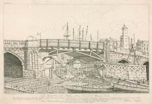 Parte del antiguo Puente de Londres, dibujado en 1826 durante las obras de construcción de English School