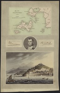 Retrato de Napoleón Bonaparte con un mapa y una vista de Elba