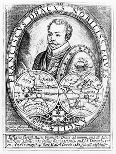 Retrato de Sir Francis Drake a los 43 años, grabado por Jodocus Hondius de English School