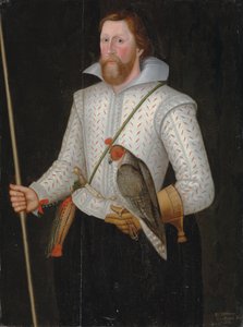 Retrato de Sir Thomas Monson, medio cuerpo, con un jubón blanco rasgado, ceñido con una espada, sosteniendo un halcón y su vara de mando
