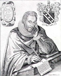 Retrato de Sir Thomas Overbury (1581-1613) escribiendo su epitafio, grabado por Renold Elstrack