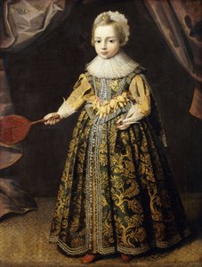 Retrato de un niño de 3 años, de pie con un vestido verde bordado con oro, una gorra de encaje y una gorguera, sosteniendo una raqueta y un volante, 1605 de English School