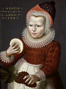 Retrato de una niña joven sosteniendo pan y uvas, 1598