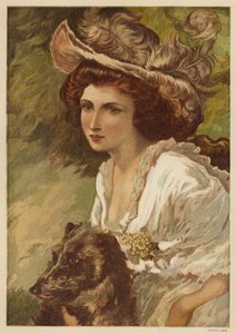 Retrato de una mujer joven con un perro (litografia en color) de English School