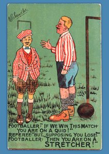 Postal que muestra una caricatura de un futbolista español de English School